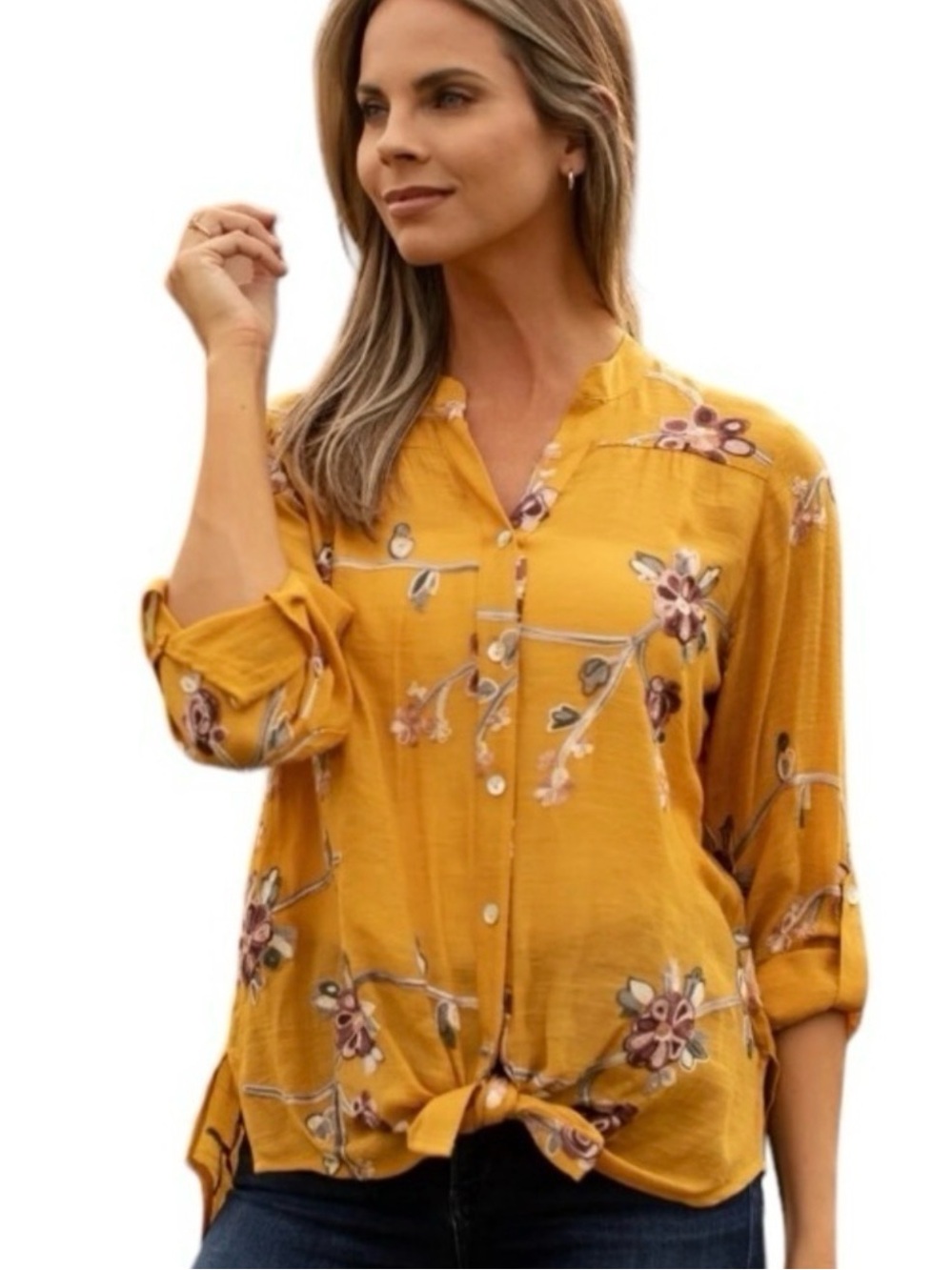 Fig And Flower Embroidered Floral Button Tie Front Top SIZE: XL